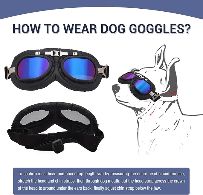 Pet Dog Vintage Sunglasses Include Eyeglass Cleaning Cloth for Medium, Large Dogs UV Goggles Windproof Anti-Dust Snowproof Motorcycle Glasses with Adjustable Straps (Blue)