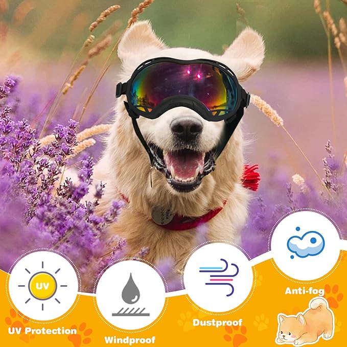 Dog Goggles for Large Dogs, UV Protection Dog Sunglasses, Adjustable Strap, Windproof、Dustproof、Anti-Fog Eye Protection Sunglasses for Large and Medium Dogs (Black Frame)