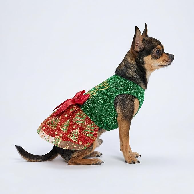 Fitwarm Sparkly Dog Christmas Outfit, Tulle Dress, Winter Clothes for Small Dogs, Christmas Tree Outfit, Red, Green, Golden, XS