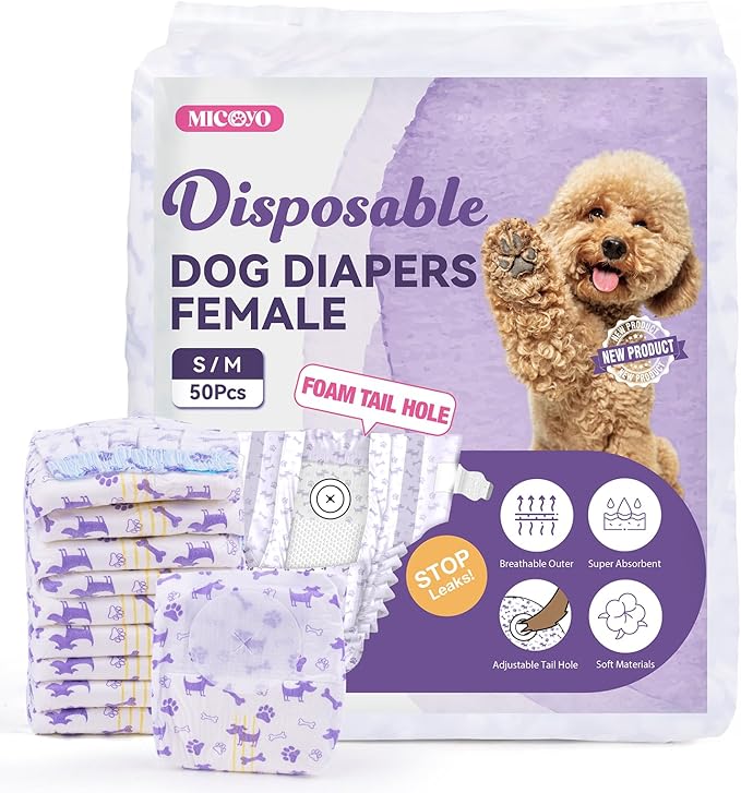 MICOOYO Disposable Dog Diapers Female, Doggie Diapers for Dogs Female, Super Absorbent Pet Diaper with Foam Tail Hole for Heat, Comfortable Puppy Diaper (Small Plus, 50Count)