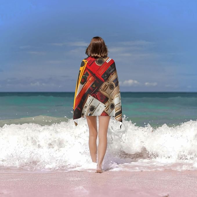 Retro Cassette Tape Beach Towel Music Sand-Free Microfiber Bath Towel Ultra Soft Quick Dry Pool Towel Absorbent Towel Lightweight Towel Gifts for Outdoor Bathroom Swimming Decor 31inx51in