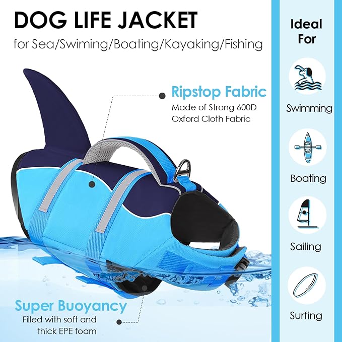AOFITEE Dog Life Jacket, Dog Life Vest for Swimming, Shark Dogs Swimming Vest with Rescue Handle and Reflective Stripe, Ripstop Pet Float Coat Swimsuit Lifesaver Small Medium Large Dogs Blue XL