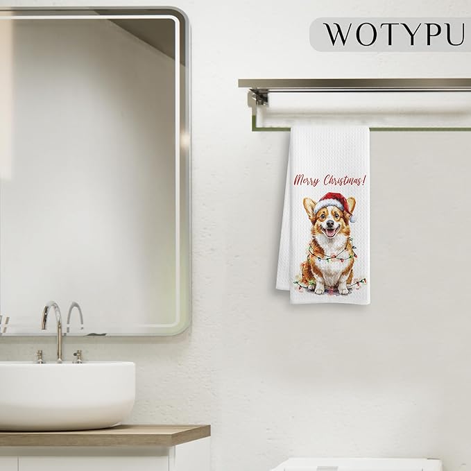 Corgi Christmas Kitchen Towels, Corgi Gifts for Women Men Dish Tea Towels, Dog Lover Gifts Decorative Hand Towel for Bathroom, Christmas Bathroom Decor, 16X24 Inch