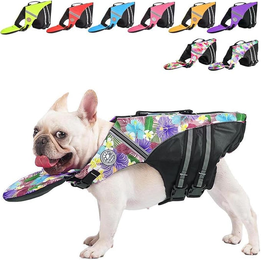 Dog Life Jacket, French Bulldog Life Vest for Swimming Boating, Dog Swim Vest with Chin Float and Rescue Handle, High Flotation Puppy Life Jackets (Chest Girth: 17" to 30", Weight: 17" to 28" LB)