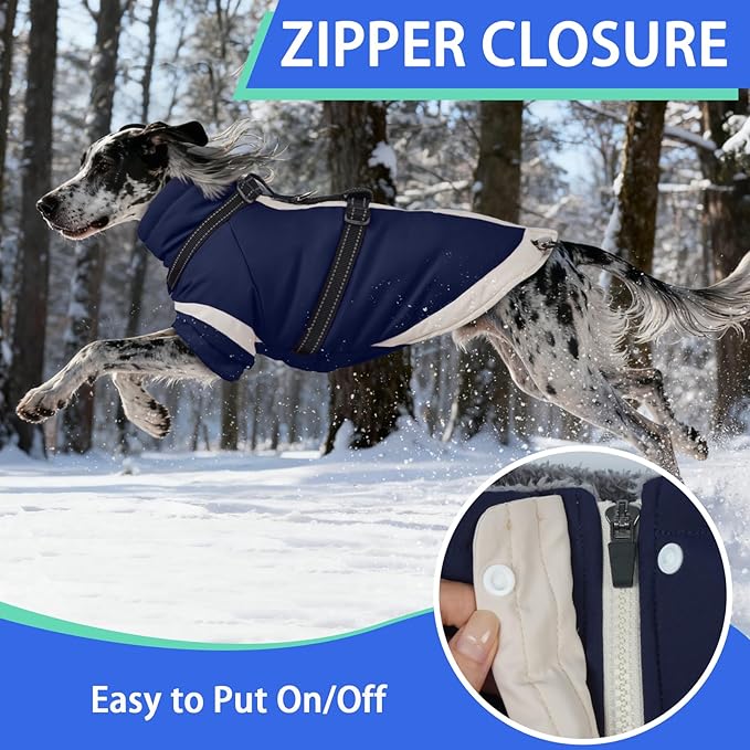 MIGOHI Warm Dog Coat Waterproof Small Dog Jacket with Harness,Reflective Fleece Snowsuit for Dogs,Windproof Puppy Coats with Legs for Cold Weather,Adjustable Pet Clothes for Puppies,Xs,NavyBlue