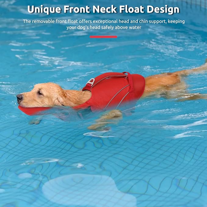 Queenmore Dog Life Jacket with Front Float, Adjustable Ripstop Dog Life Vest for Boating, Enhanced Buoyancy Pet Swimmng Vest, Pet LifeJackets with Rescue Handle (Red,L)