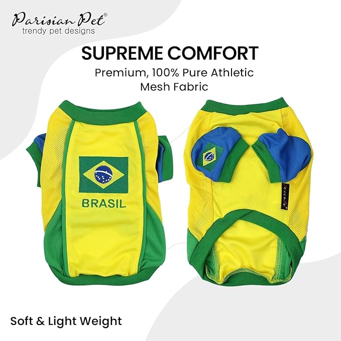 Parisian Pet Team Brazil Dog Jersey - Breathable Mesh Puppy Football Jersey - Lightweight Stretch Sporty Dog Clothes - Summer Shirts for Large Dogs - Soccer Jersey for Dogs - Sportswear Pet Clothes