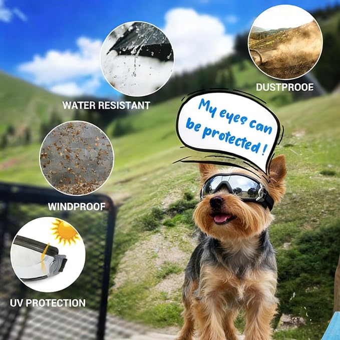 PETLESO Dog Goggles for Small Breeds, UV Protection Dog Sunglasses with Adjustable Straps, Windproof Pet Eyewear for Small Pet, Soft Frame, S