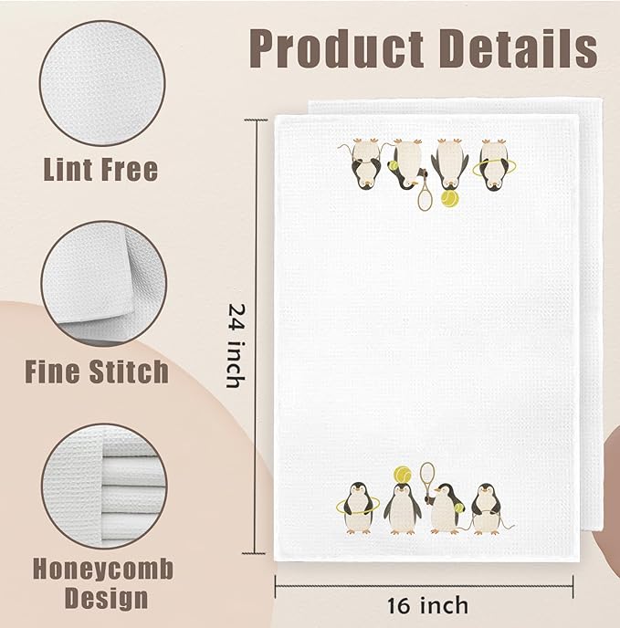 Cute Penguin Bathroom Hand Towels Set of 2, Penguin Gifts for Kids, Funny Polar Animal Tennis Sport Dish Hand Tea Towels for Kitchen Bathroom Decor, 16x24 Inch