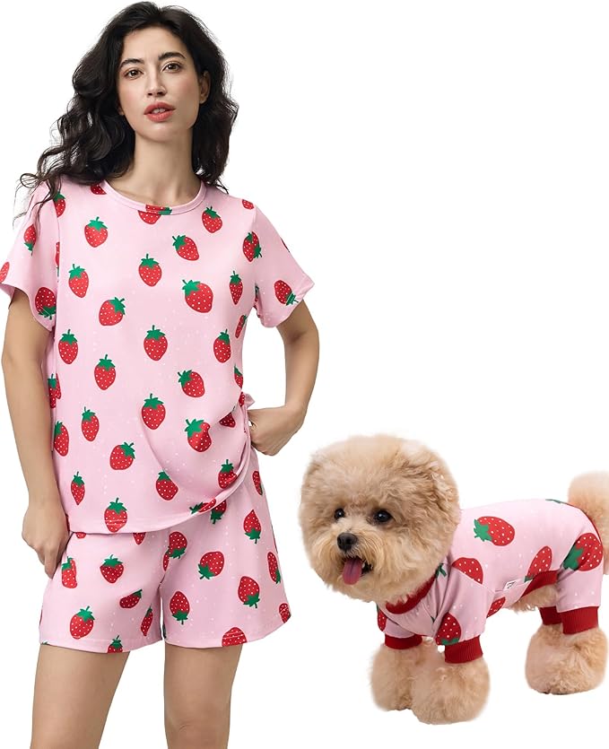 XPUDAC Matching Dog and Owner Clothes Womens Pajama Set Loungewear Short Sleeve Tee and Shorts, Owner and Pet Pajamas Are Sold Separately, 2XL Pink