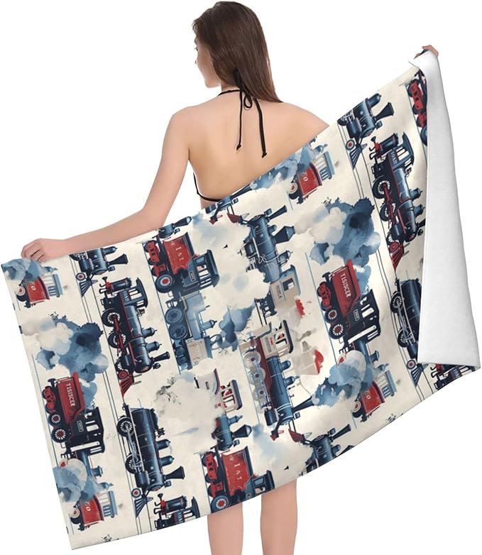 Vintage Steam Train Beach Towel,32x52in Microfiber Quick Dry Retro Locomotive Engine Car Bath Towels,Soft Lightweight Oversized Sand Free,for Travel Pool Swimming Gym Decor,Gifts Boys