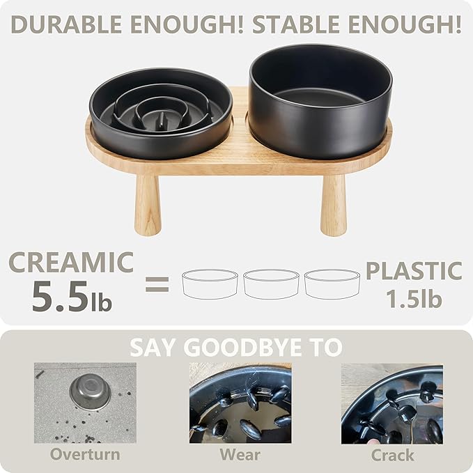 Ceramic Slow Feeder and Water Bowl Set for Small Dogs, 6.0 Inch Ceramic Dog Bowls Elevated with Wooden Stand, 0.6 Cups Dog Slow Feeder(14oz) and 30oz Water Bowl Set, Black