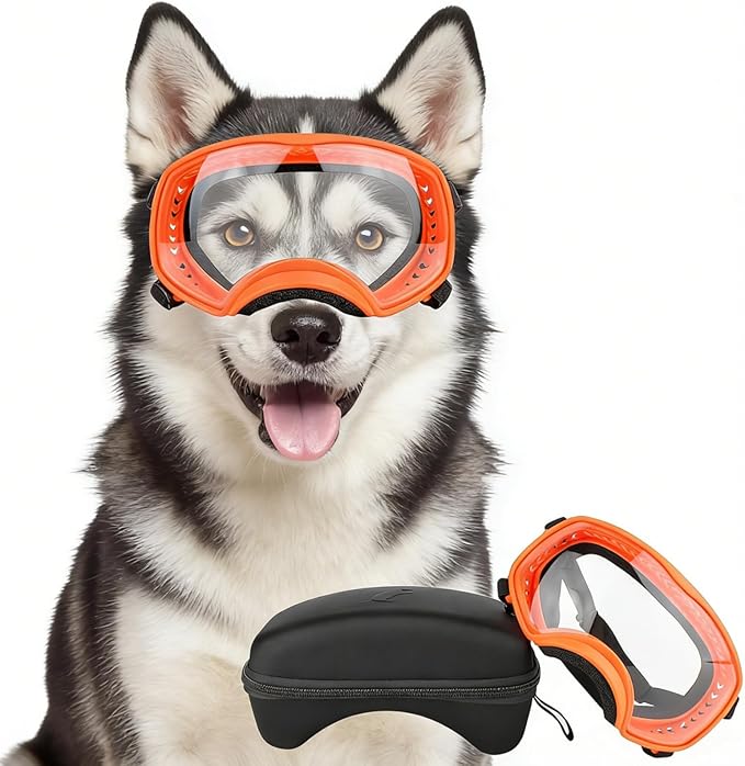 NAMSAN Clear Dog Goggles for Large Dogs, Wide Eyecup & Soft Frame, Anti-UV Sunglasses for Dogs Medium to Large Breed, Driving Dog Eye Protection, Windproof Dustproof, Adjustable, Orange