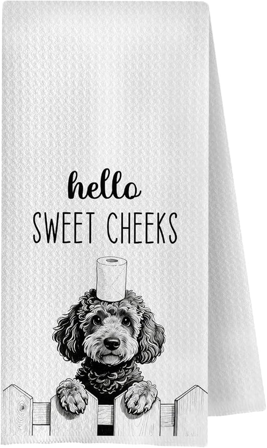 Farmhouse Funny Poodle Dog Hand Towels, Hello Sweet Cheeks Bathroom Decor, Gifts for Poodle Lovers Decorative Hand Towels for Bathroom Washroom Restroom, 16x24 Inch