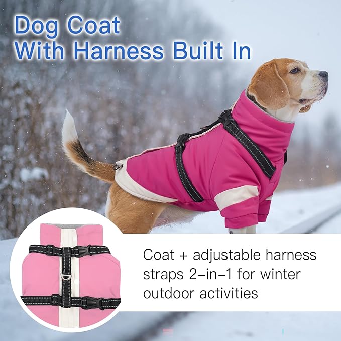 XX-Large Dog Winter Coat with Harness 2 in 1-for Walk The Dog | Thick and Warm Lining for Cold Winter,Turtleneck Windproof Snowsuit with Sleeves,Night Reflective Harness(Rosered)