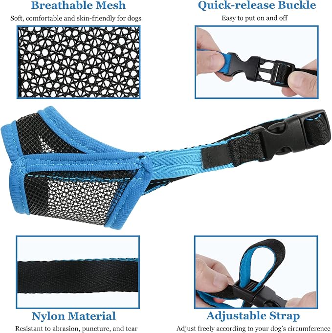 LUCKYPAW Dog Muzzle, Mesh Muzzle for Small Medium Dogs, Soft Mouth Cover to Prevent Biting Chewing, Drinkable Breathable Adjustable Puppy Mouth Guard(Blue, M)