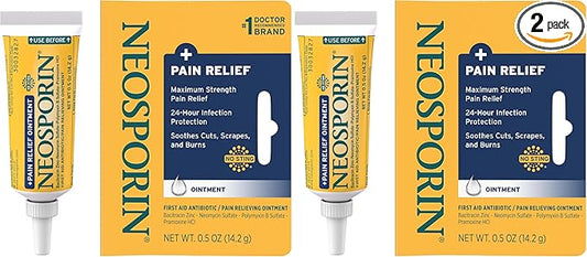 Neosporin + Maximum-Strength Pain Relief Dual Action Ointment, First Aid Topical Antibiotic & Analgesic Ointment for 24-Hour Infection Protection with Bacitracin Zinc & Pramoxine HCl,.5 oz (Pack of 2)