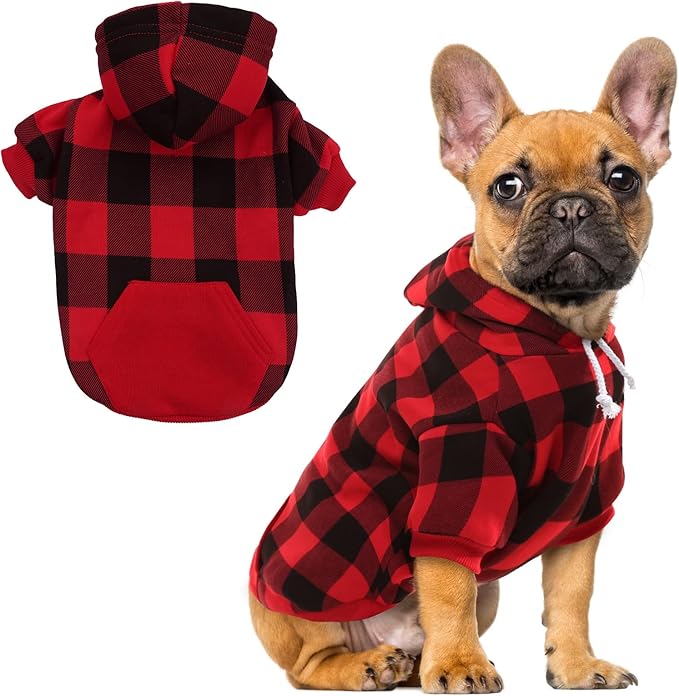 EXPAWLORER Plaid Dog Hoodie - British Style Warm Dog Sweater Shirt with Leash Hole,Pitbull Clothes Outfits,Winter Coat Apparel for All Breeds Puppy Girl Boy-Cat Apparel,Buffalo Check X-Small