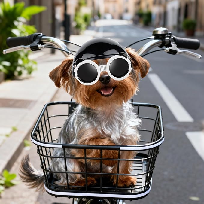 PETLESO Extra Small Dog Goggles and XSmall Dog Helmet, 2Pcs Anti-UV Doggy Sunglasses Cat Motorcycle Protecetive Helmet Set, Chihuahua Safety Hard Hat Outdoor Head & Eyes Protection, White XS