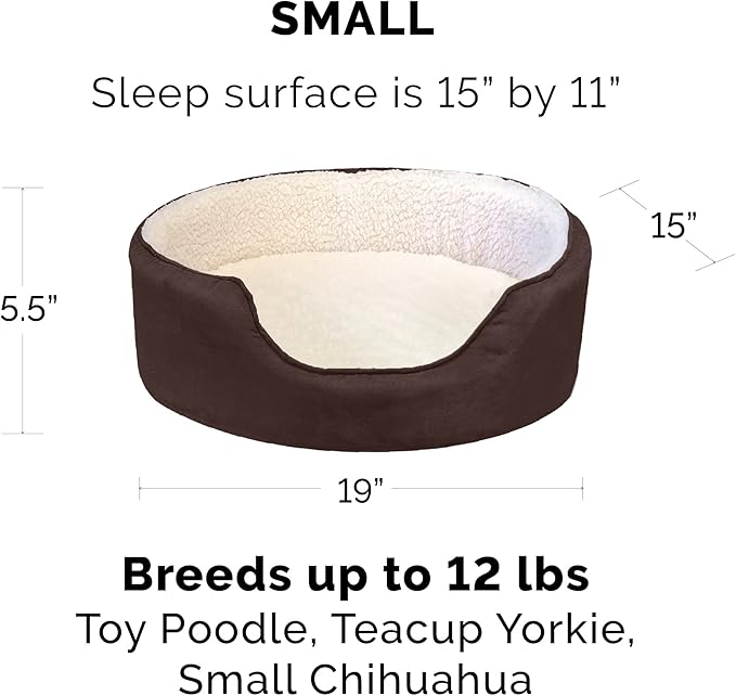 Furhaven Orthopedic Dog Bed for Small Dogs w/ Removable Washable Cover, For Dogs Up to 12 lbs - Sherpa & Suede Oval Lounger - Espresso, Small