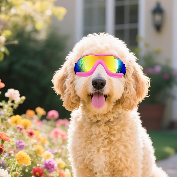 NAMSAN Dog Goggles Medium to Large Breed, Anti-UV Sunglasses for Dogs Large Breeds, Windproof Driving Dog Eye Protection, Doggy Glasses with Elastic Straps, Adjustable, Pink