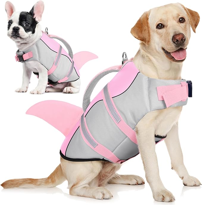 AOFITEE Dog Life Jacket, Shark Dog Life Vest for Swimming Boating, High Flotation Pet Lifesaver with Rescue Handle, Reflective French Bulldog Lifejacket, Life Jackets for Small Medium Large Dogs, M