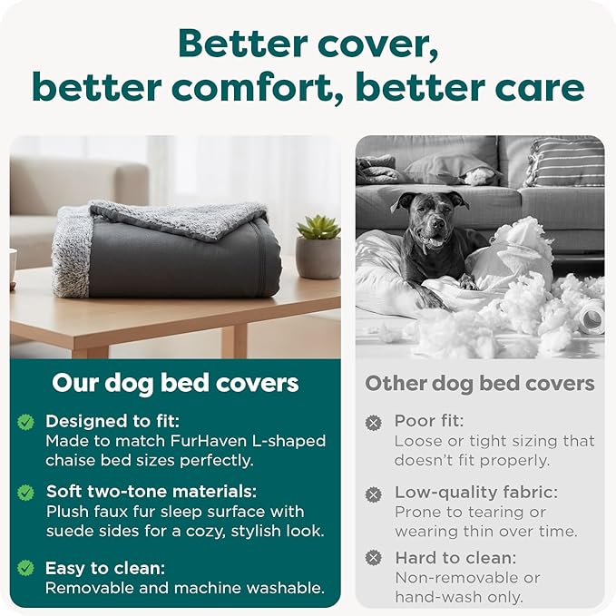 Furhaven Replacement Dog Bed Cover Two-Tone Faux Fur & Suede L Shaped Chaise, Machine Washable - Stone Gray, Jumbo (X-Large)