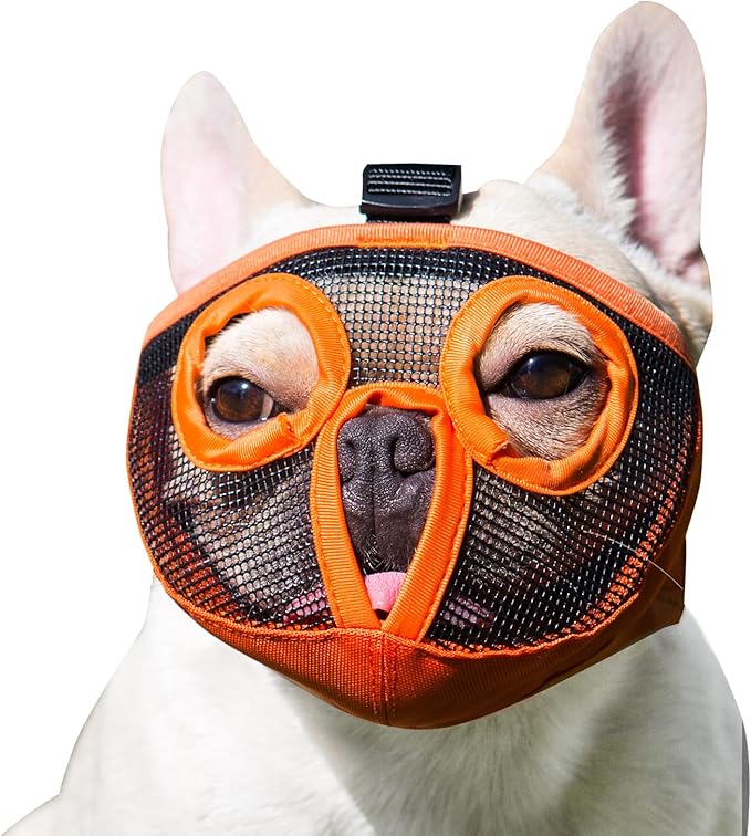 Short Snout Dog Muzzles- Adjustable Breathable Mesh Bulldog Muzzle for Biting Chewing Licking Grooming Dog Mask,Orange N-S