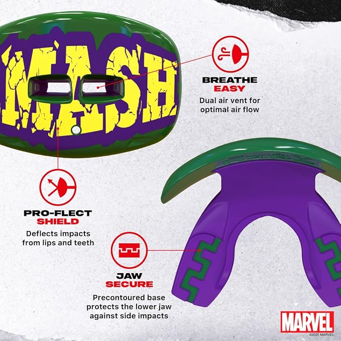 Marvel The Hulk Football Mouth Guard with Detachable Strap, Lip Protector Adults and Junior, Football & Lacrosse (One Size, Green)