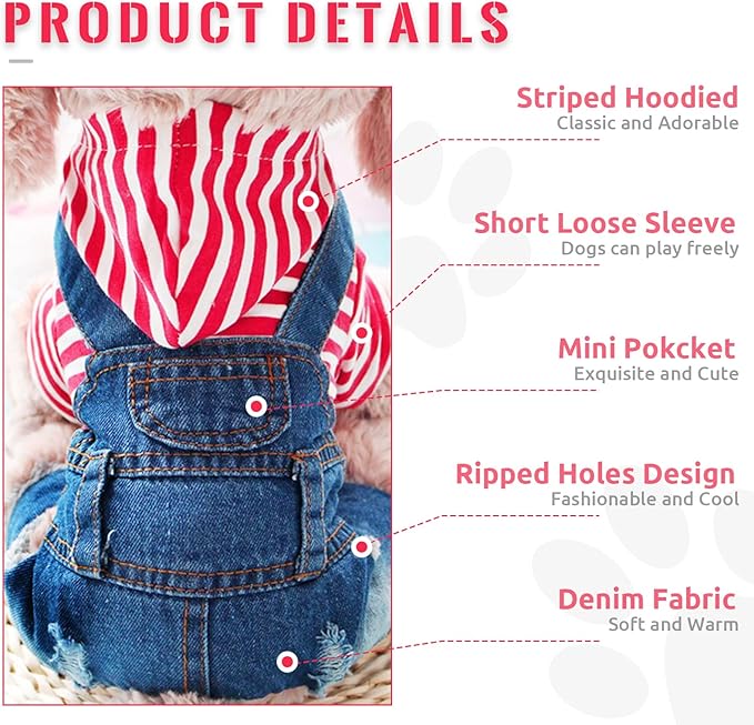 Small Dog Hoodie Clothes Cute Stripe Shirts Denim Jumpsuit One-Piece Outfit for Small Medium Dogs Cats Boy Girl Chihuahua Blue Jeans Overalls Puppy Costume (Red,L)