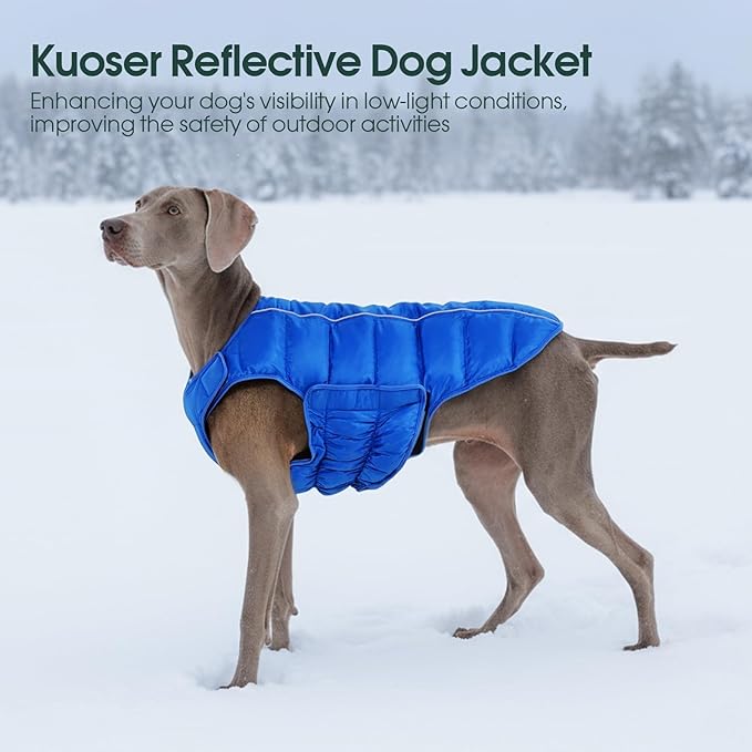 Kuoser Dog Puffer Jacket Warm Dog Coat for Extra Large Dogs, Windproof Reflective Pet Padded Vest Cold Weather Clothes Puppy Snowsuit with Hook & Loop Coats for Great Dane, Easy On/Off, Blue 3XL