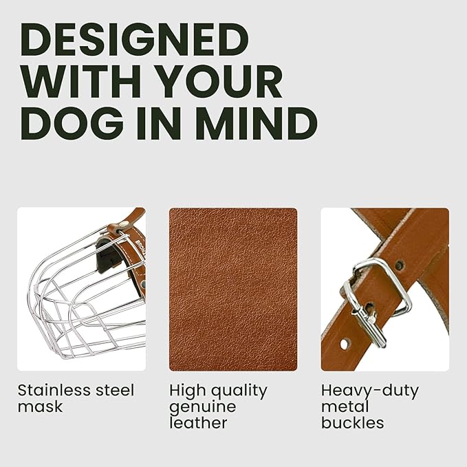 BRONZEDOG Pitbull Dog Muzzle Breathable Metal Basket for Large Dogs Amstaff Staffordshire Terrier Biting Chewing Barking (Leather, Brown)