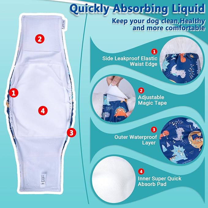 Pet Soft Dog Belly Band - 3 Packs Reusable Dog Diapers Male Doggy Diapers Wraps - Washable Dogs Belly Bands for Male Dogs (Dino, XXL)