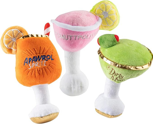 Haute Diggity Dog Cocktail Hour Plush Dog Toys for Small, Medium & Large Dogs, 3-Pack Durable Stuffed Cocktail-Inspired Pet Toys with Interactive Squeaker, Machine-Washable & Safe
