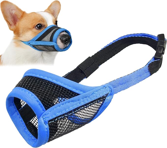 LUCKYPAW Dog Muzzle, Mesh Muzzle for Small Medium Dogs, Soft Mouth Cover to Prevent Biting Chewing, Drinkable Breathable Adjustable Puppy Mouth Guard(S, Blue)