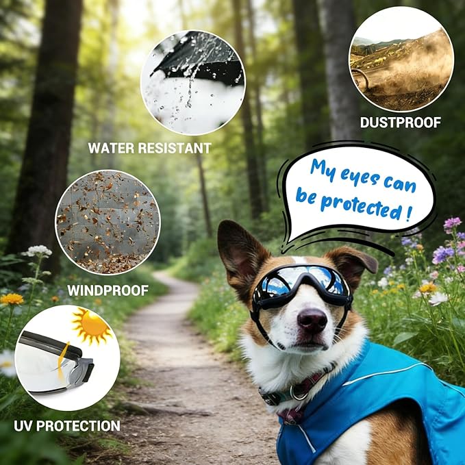 NAMSAN Dog Goggles Medium to Large Breed, Anti-UV Sunglasses for Dogs Large Breeds, Windproof Driving Dog Eye Protection, Doggy Glasses with Elastic Straps, Adjustable, Black