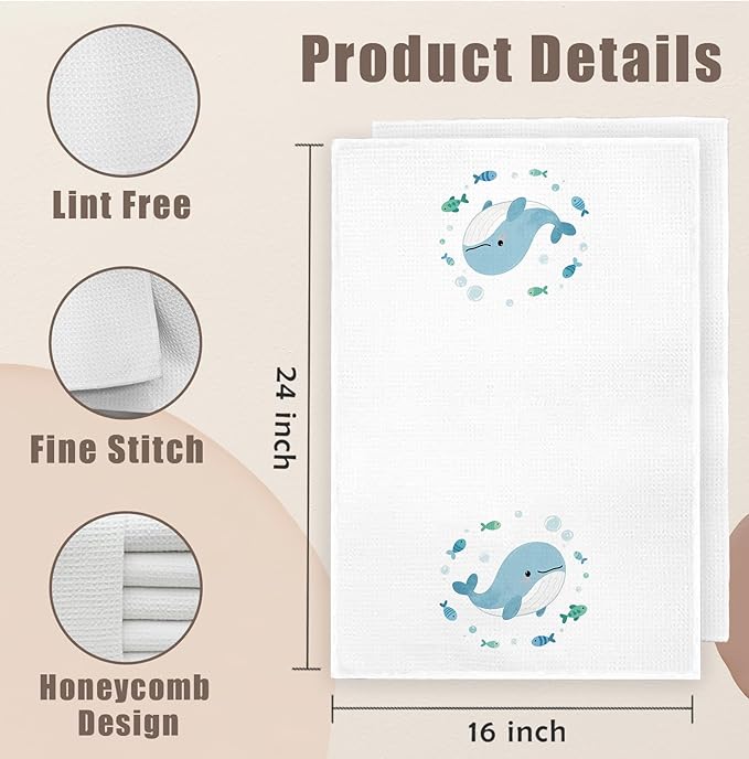 Cute Ocean Whale Jellyfish Kids Bathroom Hand Towels Set of 2, Ocean Lover Gifts, Coastal Beach Hand Towels for Bath Room Washroom, Nautical Beach Kitchen Dish Towel, 16x24 Inch