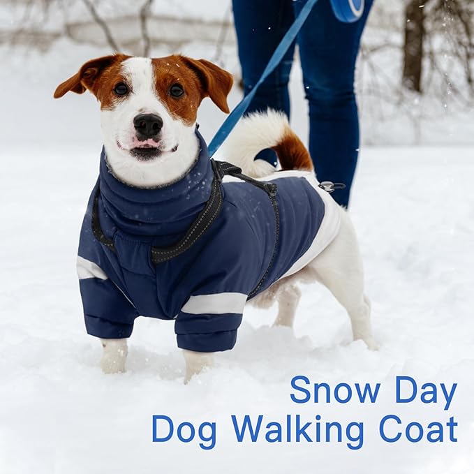 XXX-Large Dog Coat with Reflective Harness 2 in 1 for Dog Walking | Winter Turtleneck Windproof Coat for Large Dogs,Snowsuit with Sleeves Protect Joints,Cold-Weather Clothing(Navy-Blue)