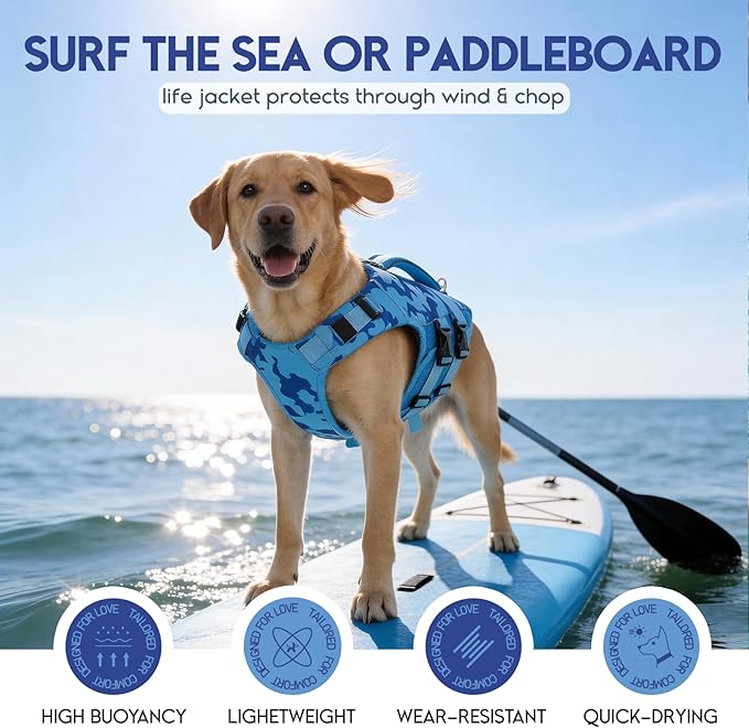 ASENKU Dog Life Jacket, High Floatation Dog Swimming Vest with Rescue Handles for Small Medium Large Dogs, Pet Safety Swimsuit Preserver for Pool Beach Boating (Blue Camo, S)