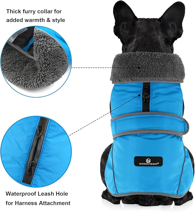 Dogcheer Dog Coat, Waterproof Dog Jacket Reflective Pet Winter Coat with Adjustable Hook & Loop, Christmas Puppy Fleece Jacket Warm Turtleneck Snowsuit for Small Medium Large Dogs - Sky Blue, XL