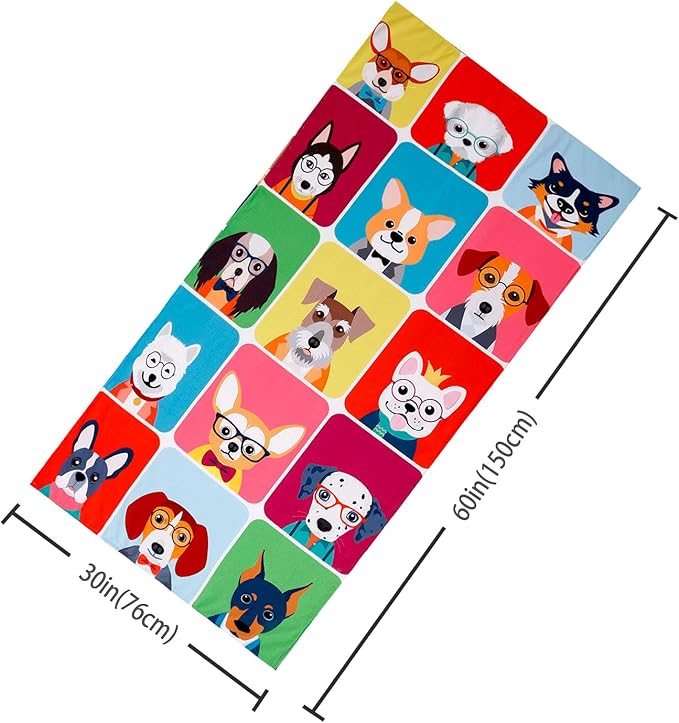 LIVILAN Dog Beach Towel, Playful Pups Design, Soft Quick-Dry Microfiber, Sand-Free 30" x 60" Oversized for Pool, Bath, Swim, Ideal for Women, Girls, Kids, Perfect Home Decor & Gift