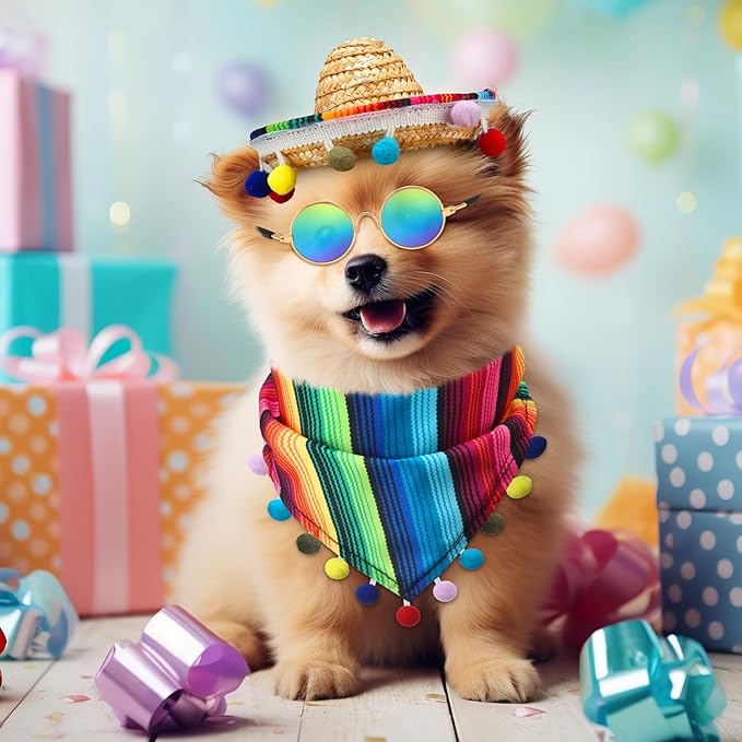 JaGely 3 Pcs Mexican Dog Costume Multicolor Cinco De Mayo Fiesta Cat Bandana with Pom Poms Porch Goose Outfits Mini Sombrero Mexican Hats Retro Pet Sunglasses Costume Accessories for Small Dog and Cat