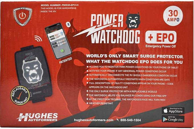 Power Watchdog PWD30EPOH 30 Amp Smart RV Hardwired Surge Protector - Emergency Power Off (EPO) – Bluetooth Monitoring - Replaceable Surge Module - Durable for RV Campsite Use - Installation Required