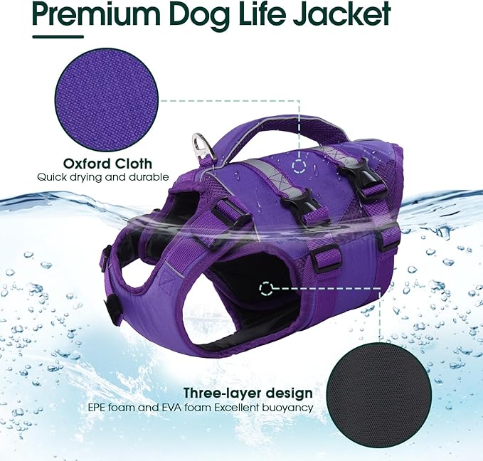 Kuoser Dog Life Jacket, High Flotation Dog Life Vest for Swimming Boating, Adjustable Ripstop Pet Lifesaver for Small Medium and Large Dogs, Reflective Safety Puppy Swimming Vest with Rescue Handle