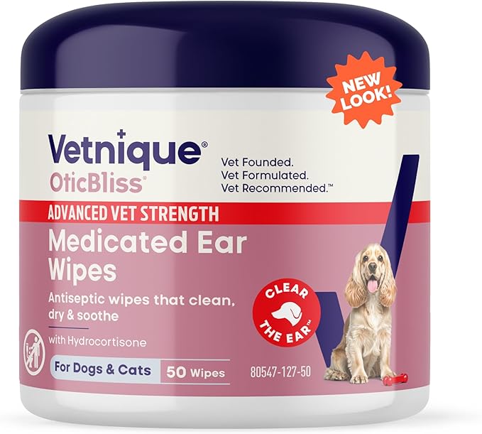 Vetnique Oticbliss Cat & Dog Ear Wipes - Dog Ear Infection Treatment or Dog Ear Cleaner Wipes for Dirty, Waxy, Smelly Dog Ears, Odor Control with Aloe Vera & Salicylic Acid (Medicated Ear Wipes)