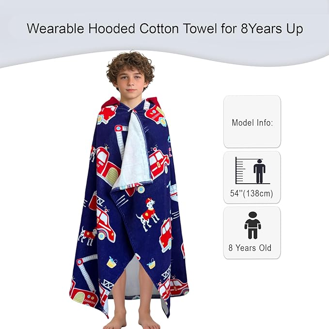 VOOVA & MOVAS Hooded Beach Towels for Teens & Big Kids (8Years Up) | 100% Cotton Thick Soft Absorbent Towel Wrap for Beach, Pool, Swim & Bath | Fire Truck Design