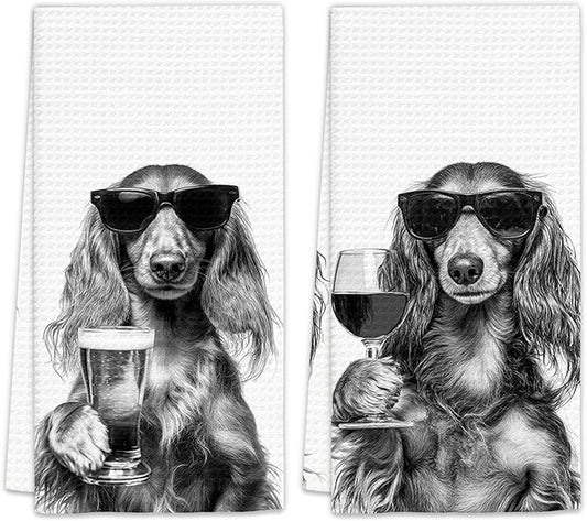 Long Haired Dachshund Gifts Wine Kitchen Towels Set of 2, Funny Dachshund Wine Lover Decorative Hand Dish Towel for Kitchen Home Bar, Gifts for Dog Beer Lovers Home Bar Decor(16x24Inch)
