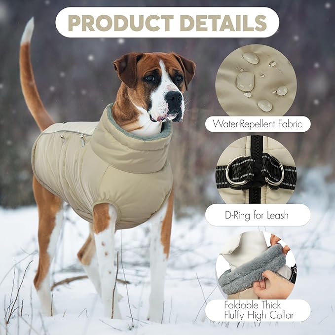 IDOMIK Warm Dog Coat with Harness, Waterproof Reflective Dog Jackets for Small Medium Large Dogs, Fleece High Collar Winter Jacket with Zipper, Pet Winter Snowsuit Clothes for Cold Weather,Khaki 3XL