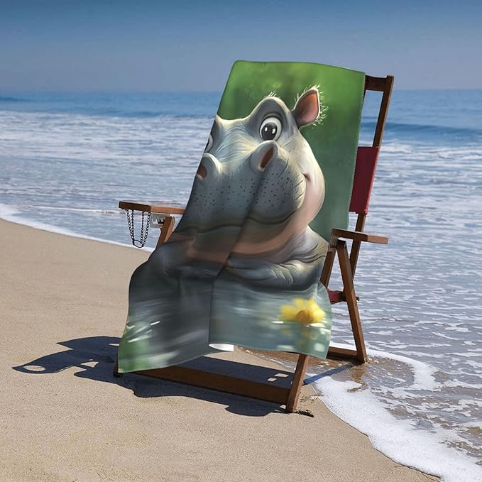 Cute Hippo Beach Towel 31inx51in, Aniaml Sand-Free Microfiber Bath Towel Ultra Soft Quick Dry Pool Towel Absorbent Towel Lightweight Towel for Swimming Bathroom Decor