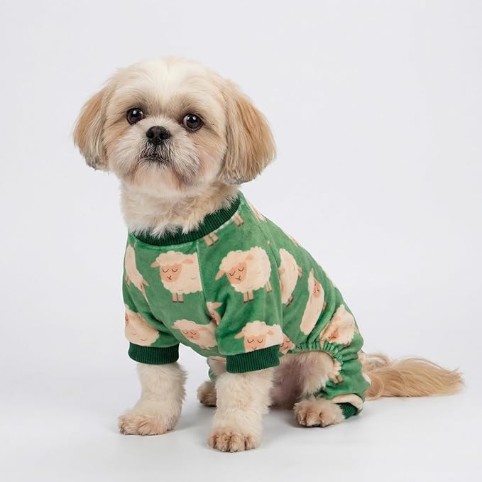 Fitwarm Funny Sheep Dog Pajamas, Warm Winter Dog Clothes for Small Dogs Boy Girl, Cozy Pet Onesie with Feet, Green, White, Small